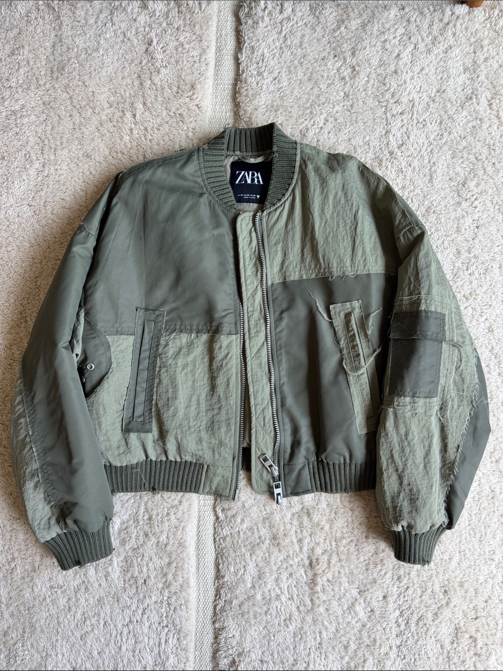 ZARA Two-Tone Olive Patchwork Bomber Jacket